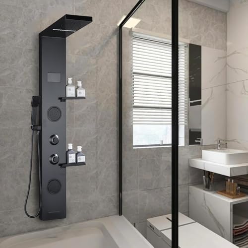 Sistema de Torre para Ducha con Paneles y Estante de Almacenamiento, Negro Mate con Luz LED y Pantalla LCD de Temperatura, Acero Inoxidable 304 con Jets de Masaje de Mano y Cascada miniatura 2