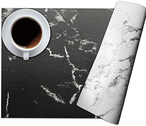 Leather Heat Resistant Placemats for Dining Table, Table mats Set of 6, Waterproof PU Kitchen Place mats, Soft and Non-Slip LQI (Black+Marble)