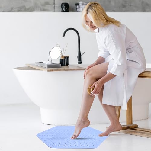 Image of RichAxis Hexagonal Shower Bath mat for Bathroom Silicone Anti Slip Bathroom Floor mat with Suction Cups & Drain Holes (56x63 cm, Hexa-Blue)