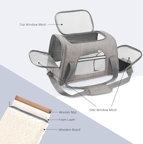 SHJOEE Sac de Transport pour Chat Chien Caisse de Transport Chat Respirant et Pliable Cage Transport Chat avec Matelas en Peluche Amovible et Bol pour Voyage en Train/Voiture/Restaurant/Avion (Gris) – Image 3