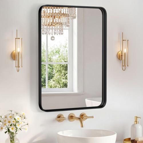 Image of NEWBULIG 20X28 Inch Bathroom Mirror for Over Sink, Wall Vanity Mirrors Tempered Glass, Anti-Rust Metal Framed Rounded Rectangle, Hangs Horizontally or Vertically, Farmhouse Home Decor, Black