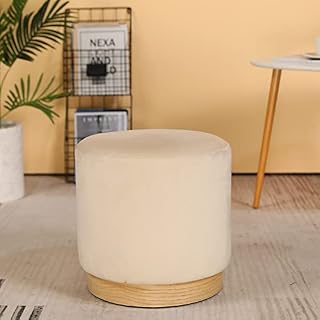 Ottoman Dutch Velvet Pouffe Footstool, Portable Padded Stool Seat with Stable Wooden Base, Comfortable Seating Chair for Bedroom Living Room Garden Game Dressing Room Office Entryway(Beige Round)