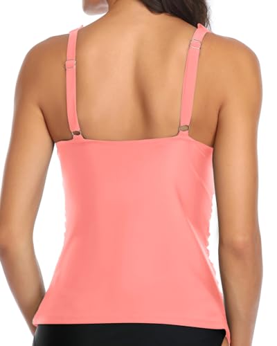 Image of Ruffle V Neck Tankini Top Only Women Tummy Control Swimsuit Tank Top | Removable cups for custom bust lift, Blend soft spandex to stretch easily