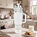 Hpebl 10PCS Accessories for Stanley Cup 40oz&30oz Tumbler Accessories Including Cute Bow Straw Topper Cover Stanley Boot Pearl Water Bottle Handle Strap Bracelet Y2K White Bow Flower Charms Pedant