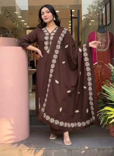 Image of ANNI Designer Women Embroidered Straight Kurta Palazzo Dupatta Set Rayon Viscose Kurti Pant Set Ladies Ethnic Wear for Office Festive Daily Use