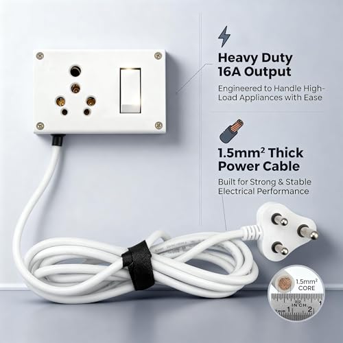 Image of 16A Heavy Duty Switch Extension Board with Universal Socket & Switch - Supports Up to 2500W, 1.5 Sq Mm 3 Core Wire, Shock & Heat Resistant Power Board for Home, Kitchen & Workshop, 2M Cable