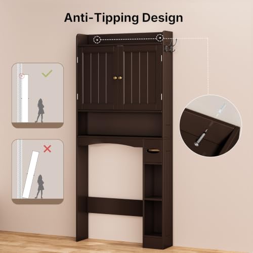 Image of Over The Toilet Storage Cabinet, 32.3 inch W, Grey | Over Toilet Bathroom Organizer with Doors, Adjustable Shelves, Toilet Paper Holder, 2 Side Hooks, for Bathroom, Laundry