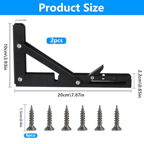 2 STK Klappkonsole Schwerlast Scharniere Klappbar, 200mm Klappscharnier mit Arretierung, Klappregal Halterungen, 90 Grad Metall Klappwinkel Regalträger für Küche Büro Tisch Klapptisch Wandregal