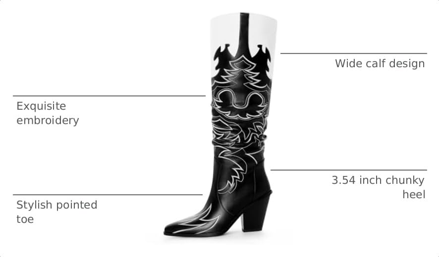 Image of ANN CREEK Cowgirl Boots Side Zipper Womens Cowboy Boots Knee High Embroidery Woman Western Tall Pointed Toe Chunky Heel Two Tones