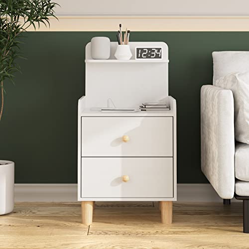 Small Nightstand With Charging Station,Mid Century White Modern Nightstands,2 Drawers Kids Night Stand For Bedroom,End Side Table With Open Storage Shelf #TOP3