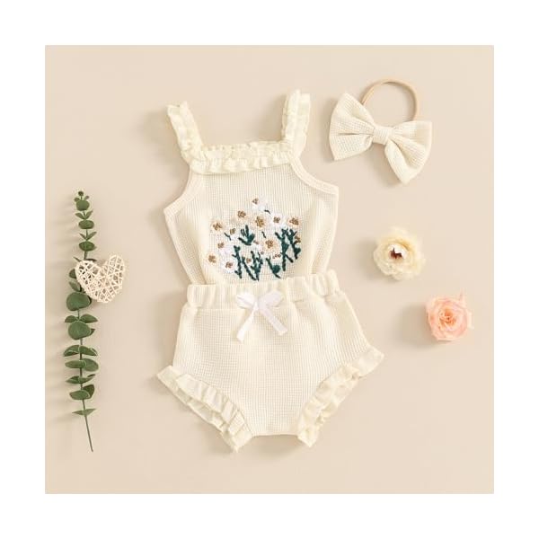 Kavousa Newborn Baby Girl Summer Clothes Floral Embroidery Hater Romper Bloomers Shorts Set Headband Cute Baby Girl Outfit
