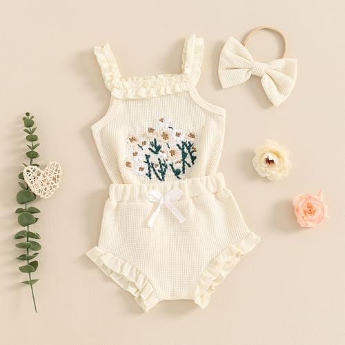 Newborn Baby Girl Summer Clothes Floral Embroidery Hater Romper Bloomers Shorts Set Headband Cute Baby Girl Outfit2