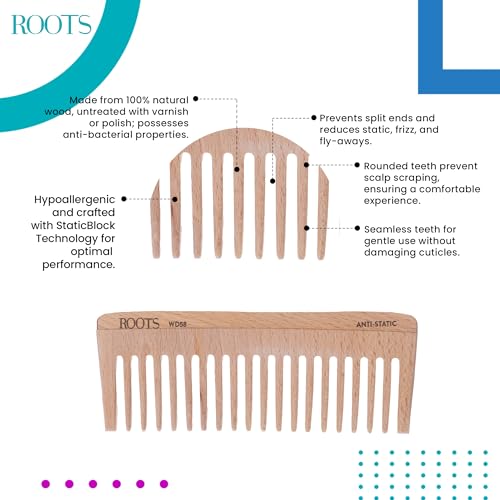 Image of ROOTS Wooden Comb | Wide Teeth | Rounded Teeth prevent Hair & Scalp damage | 100% Natural Wood | Anti-Frizz | For Long, Thick & Dry Hair | For Men & Women | Length - 6.2 Inch, Model No - WD58