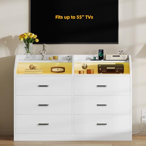 DWVO 6 Drawer Dresser for or Closet, Living Room, Entryway, Hallway, LED Light and Charging Station, Wide Drawer Organizer Cabinet for Office, Modern Chest of Drawers