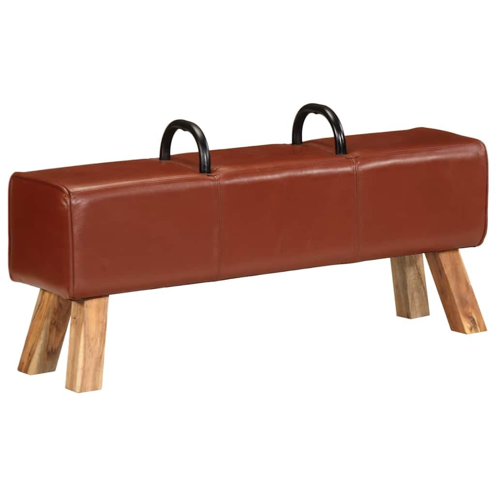 Ławka Turnbock-Design brązowa 110 cm prawdziwa skóra ławka do siedzenia z drewnianą ramą tapicerowane oparcie do salonu sypialni korytarza