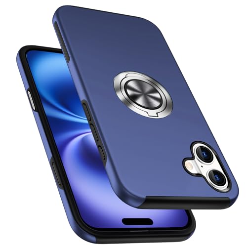 PELEPUES Shockproof Case for iPhone 16 6.1 inch, [Embedded Finger Ring] Military Grade Phone Case Cover with Reinforced Metal Stand Kickstand [Support Magnetic Car Holder] for iPhone 16, Blue by PELEPUES - Used condition - US$12.74