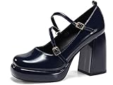 Coutgo Womens Mary Jane Heels Chunky Platform Loafer Shoes Block Heel Closed Square Toe Pumps Cross Strap High Heel Dress Shoes, Navy, Size 7.5