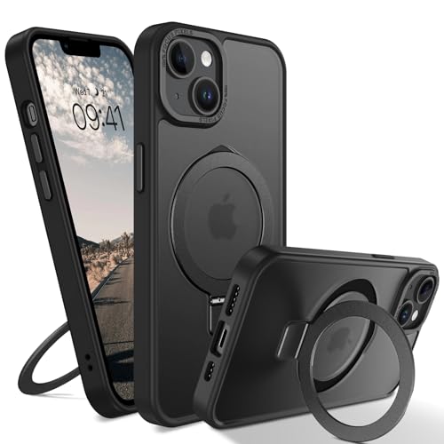 GUAGUA Capa para iPhone 13 Mini, capa magnética com suporte, compatível com MagSafe anel metálico magnético capa protetora anti-impactos translúcida, mate slim anti-amarelecimento case, preto