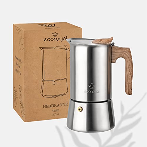 Ecoroyal Espressokocher | Edelstahl | Induktion geeignet I Für 1 bis 6 Tassen | 200-300 ml Mokkakanne I Espresso Kocher Alu-frei (300ml)
