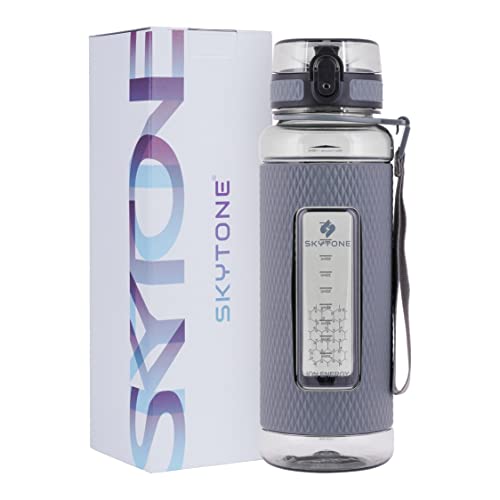 SKYTONE Water Bottle 1 Liter For Office, Leak Proof & BPA Free Tritan Plastic Reusable Water Bottles, Ideal Gift for Travel Gym fitness Running School With Silicon Grip (Grey)