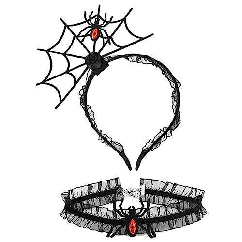 Cubahop Diadema de murciélago negro de Halloween con encaje y flores, gargantilla para mujeres y niñas (negro-rojo)