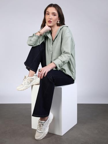 Image of Urbano Fashion Women's Cotton Full Sleeve Oversized Fit Casual Striped Shirt with Spread Collar