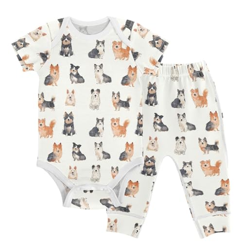 vvfelixl Baby Layette Sets Clothes,Cartoon Scottish Shepherds Baby Bodysuits Set,Unisex Babys Pants Sets Short Sleeve 12-18M