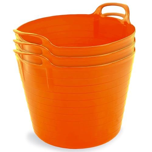 Neat Plastics 42L Flexi Tubs 3 Packs - Versatile Large Garden Tubs with Handles, Handy Builders Buckets Heavy Duty, Ideal Bath Bucket & Flexi Bucket, Durable Flexible Bucket for Home & Garden (Orange)