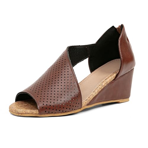 getmorebeauty Women's Side Cutout Wedge Sandals Back Zipper Open Toe Slides Breathable Hollow Mid Heel Summer Shoes