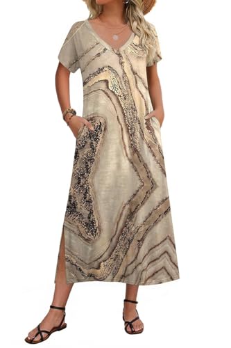 Image of Zeagoo Women Summer Floral Dress Short Sleeve Beach Dress with Pockets Casual V-Neck Split Long T-Shirt Dress Travel Vacation