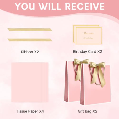 Image of JMANNI Gift Bags with Handles, 11.4 inch Small Mothers Day Gift Bag for Presents, 2 Pcs Bags with 4 Tissue Paper and 2 Cards for Baby Shower Wedding Bridal Shower Mother's Day Birthday Party (Pink-white)