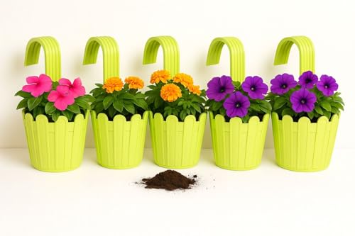 Image of Premium Railing Planter with Hook - Durable Plastic Hanging Flower Pot for Balcony, Fence Design Gamla for Indoor /Outdoor Plants, Herbs & Creepers (5, Green)