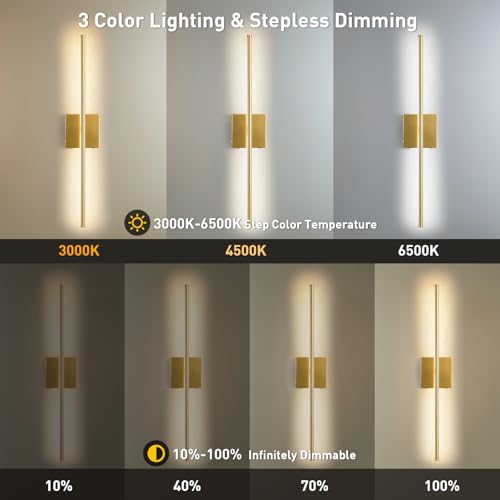 Image of Battery Operated Wall Sconces Set of Two Wireless with Remote Control,350Rotate,3000K-6000K Gold Modern LED Rechargeable Indoor Wall Lights for Living Room,Bedroom,Stairs,27.5 Inch (2 Pack)