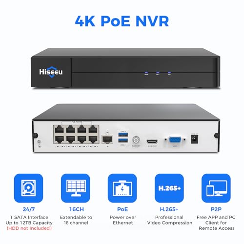 【16 channel Extendable】Hiseeu 8 Port 4K PoE Network Video Recorder NVR, Support 4K/2K/8MP/5MP/3MP/1080P PoE Camera, Free Remote Access, Motion Alarm, 24/7 Recording, Smart Playback, No Hard Disk Drive - Image 3