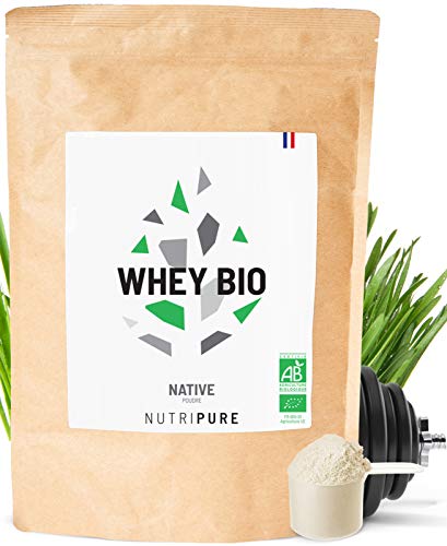 WHEY NATIVE BIO • 80% de protéines - 23% de BCAA - 49% d'EAA • Protéines Native de Lait Bio • 1 KG • Goût neutre • Contient du lactose • 8 Arômes naturels au choix • Made in France • NUTRIPURE Cover