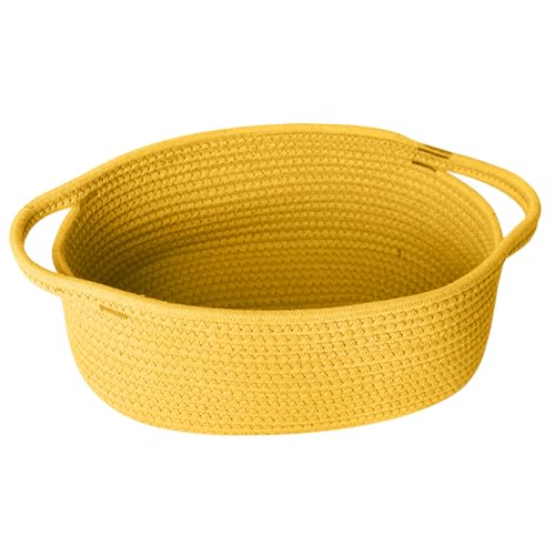 HONCESTA Small Yellow Woven Gift Basket, Baskets for Gifts Empty, Cotton Rope Cat Dog Toy Bin Box, Baby Nursery Organizer, Easter Basket with Handle, Shelf Storage Bin, Yellow Room Decor, 12"x 8"x 5"