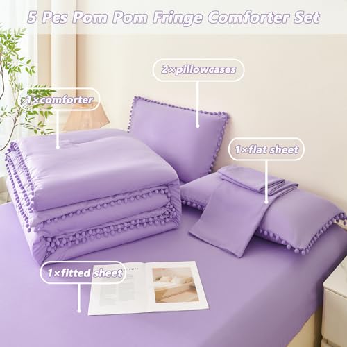 PERFEMET Light Purple Bedding Sets for Girls Full Size 5 Pieces Boho Pom Pom Comforter with Sheet Soft Fluffy Farmhouse Bedding Comforter Set Cozy Solid Bed in a Bag for Kids Teen(Light Purple, Full) — view 3