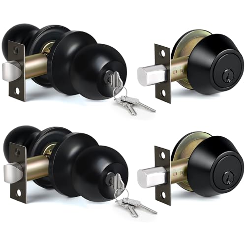 BESTTEN 2 Pack Keyed Same Exterior Door Knobs and Single Cylinder Deadbolts Combo Set, Keyed Alike Entry Door Knobs with Locks and Keys for Entrance and Front Door, Matte Black