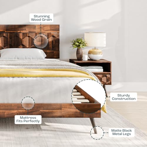 Image of Bme Georgina Signature Dark Choco Bed Frame, King Bed Frame and Headboard Handcrafted Geometric, Mid Century Modern, Solid Acacia Wood, No Box Spring Needed, 12 Wood Slats Support, Easy Assembly