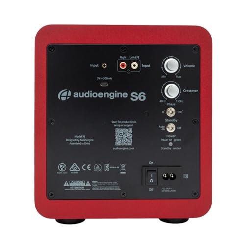 Image of Audioengine S6 Mini Subwoofer - Compact 210W Powered Bass Speaker | for Music, Movies, Gaming & Home Office Setups - Red