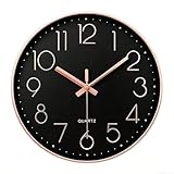 jomparis Relógio de parede preto ouro rosa silencioso, sem tique-taque, quartzo, varredura, decorativo, operado por bateria, relógios de parede