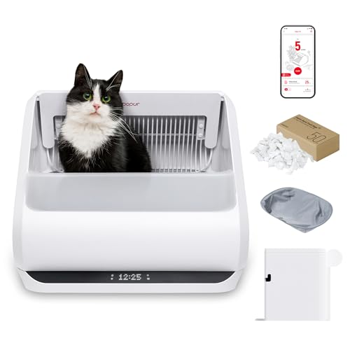 Popur X5 Cat Robot Kitty Litter Box Automatic Self Cleaning for Multiple Large Cats - Core Bundle Best Value Includes Smart Sifting Litter Pan, Odor Control Plastic Waste Bin, Extra Liner & Trash Bags