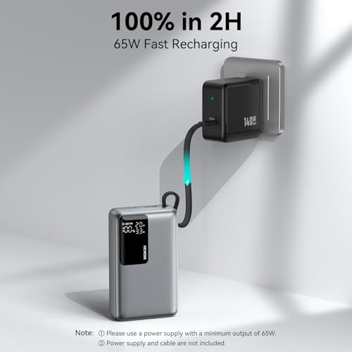 Image of MOKiN Portable Charger 20000mAh, 65W Fast Charging Power Bank with Built-in USB-C Cable, Smart Display Battery Pack, Pocket Portable Charger for iPhone 17-12, Samsung, iPad, Laptop MacBook & More