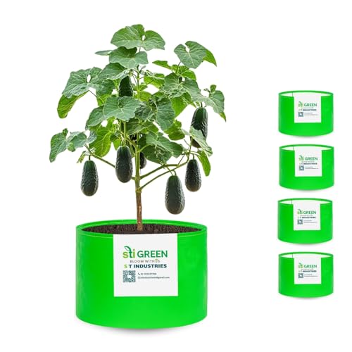 Image of HDPE Grow Bags for Plants 15X12 Inch (Pack of 5) | 260 GSM Heavy Duty UV-Protected Round Green Colour Plant Bags for Terrace and Vegetable Gardening | Strong & Reusable|