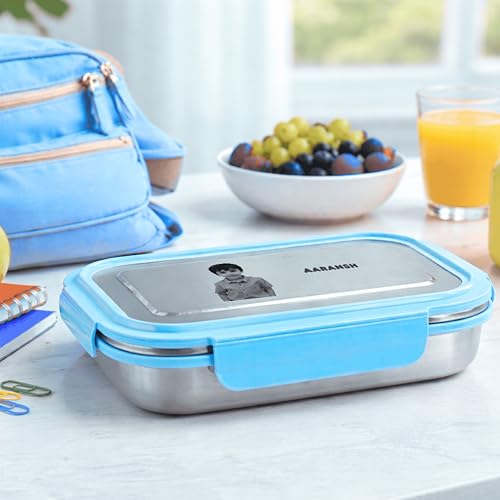 Image of Personalized Stainless Steel Lunch Box for Kids - Photo & Name Permanently Printed - Ideal for School, Students, Children - Durable and Safe Food Container - Customizable Design - Blue Color