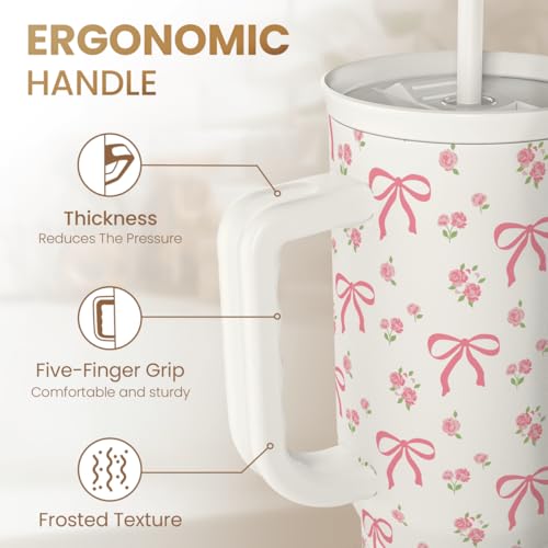 Image of Bow Tumbler with Handle 40oz, Stainless Steel Insulated Tumblers Coffee Travel Cup with Slider Straw Lid, Gifts for Women Teen Girls Birthday
