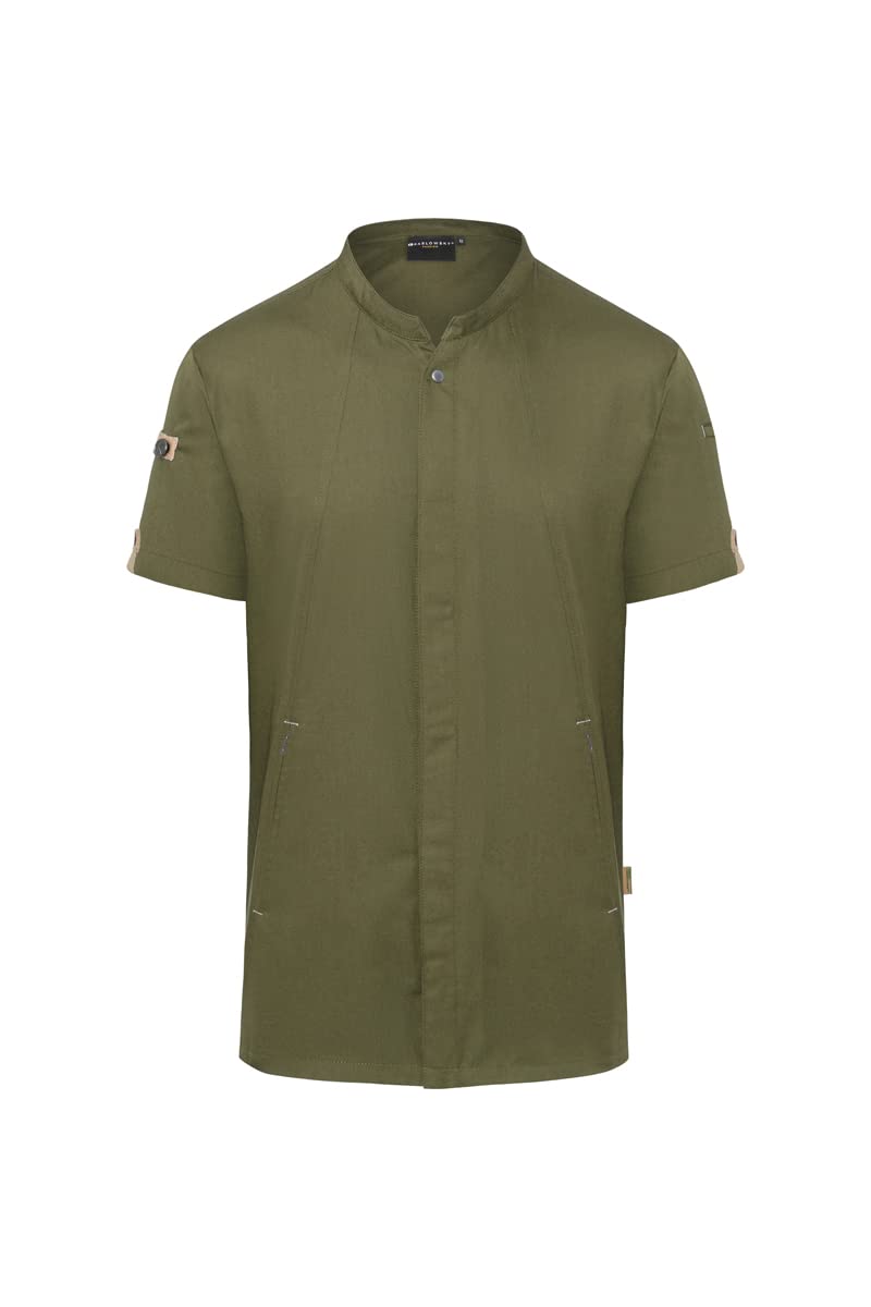 Karlowsky JM 36 PASSION GREEN-GENERATION Kurzarm Kochjacke aus Recyceltem Plastik, Vorderseite: 65% Polyester/35% Baumwolle, Rückseite: 100% Polyester, Moosgrün, Größe 48