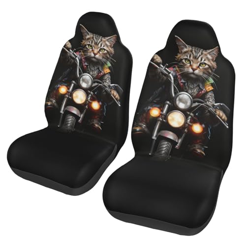 車用シートカバー クッション 軽自動車 2枚セット バイクに乗った猫 面白くてかわいい 動物柄 アニマルプリント 人気 ファッション かわいい 普通車 運転席 助手席 引き込み式 汚れ防止 色あせ防止 前列カバー 柔らかくて快適 防汚 吸湿 速乾 通気性