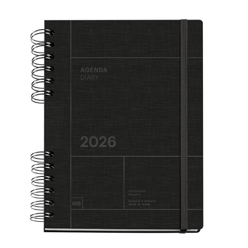 Miquelrius - Agenda 2026 semana vista, Similar A5+ (160.5 x 218 mm), Planificación semanal, Tapa texturizada, Papel 100 g/m², Cierre elástico, Espiral metálico dividido, Español-EN-PT, Negro