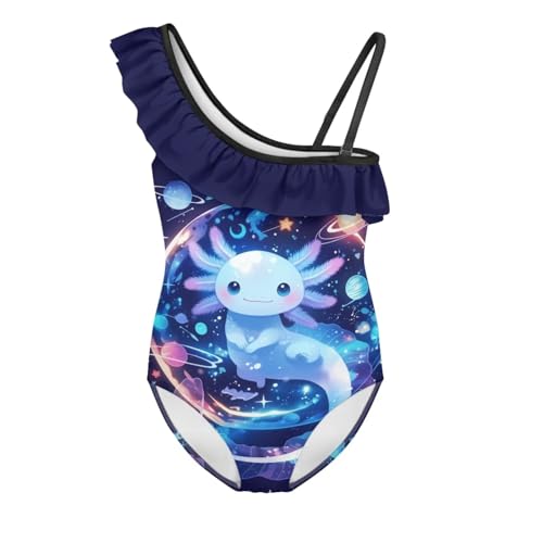 Image of WELLFLYHOM Axolotl Girls One Piece Swimsuits 3-14 Ruffle One Shoulder Bathing Suits Full Coverage Beachwear